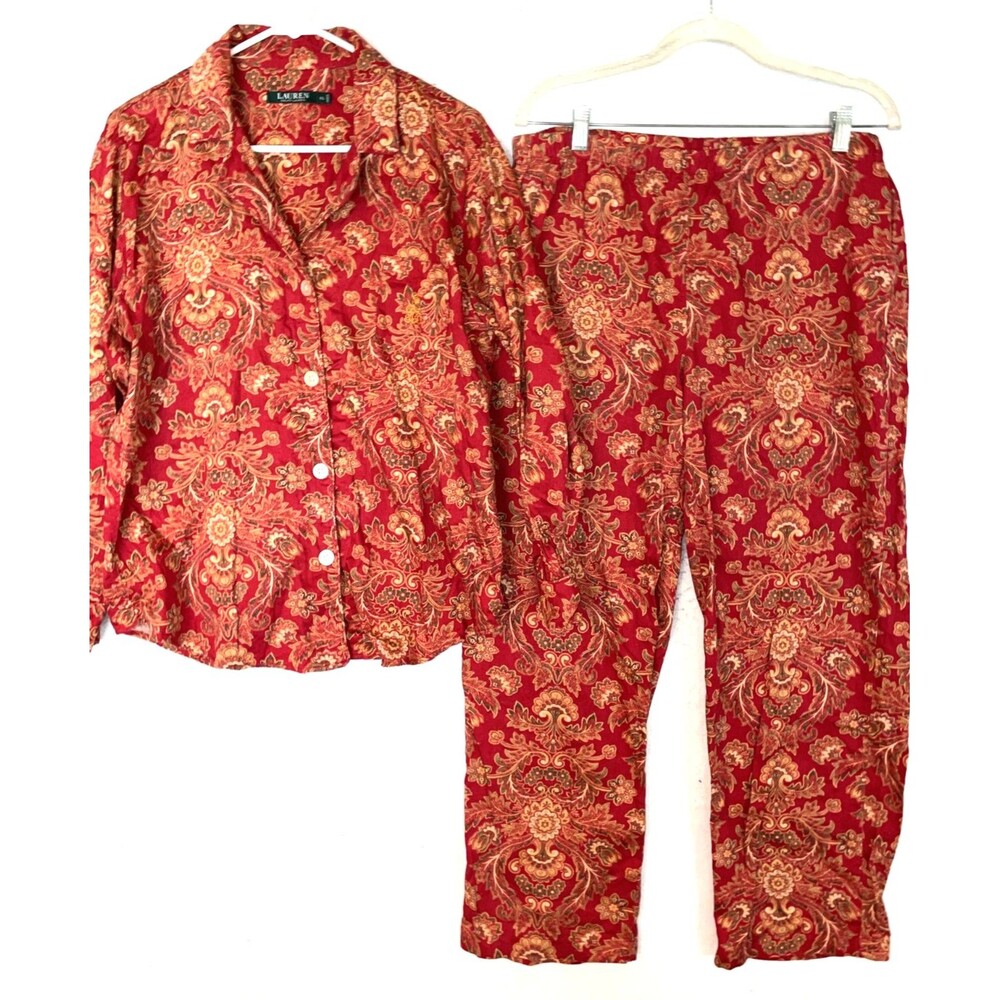 Ralph Lauren Pajama Set Long sleeve Button Top Red Paisley Floral Gold Womens XL